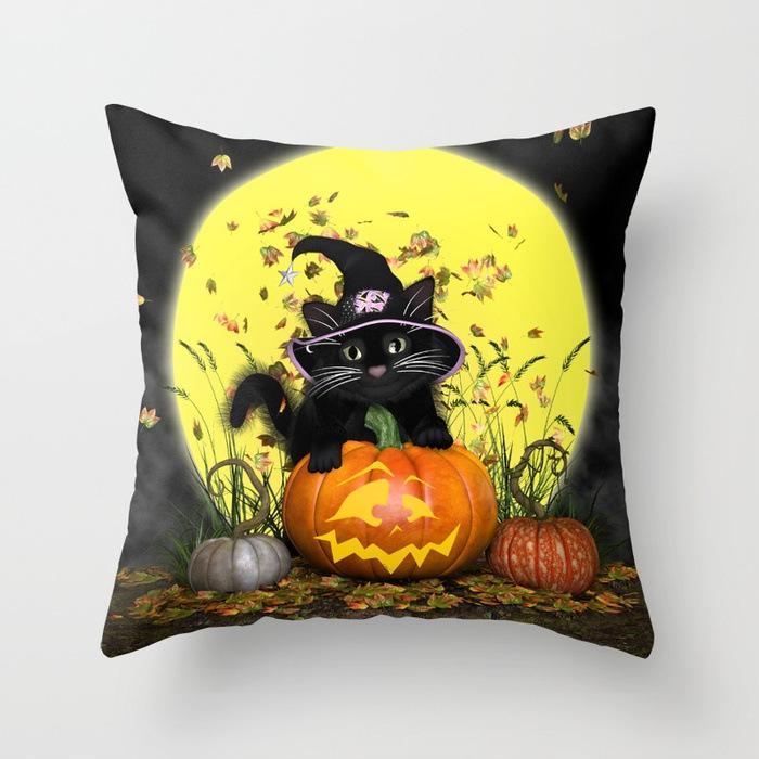 Halloween Cat Pumpkin Peach Velvet Fabric Pillowcase Funny Cartoon Image Decorative Cushion Pillowcase