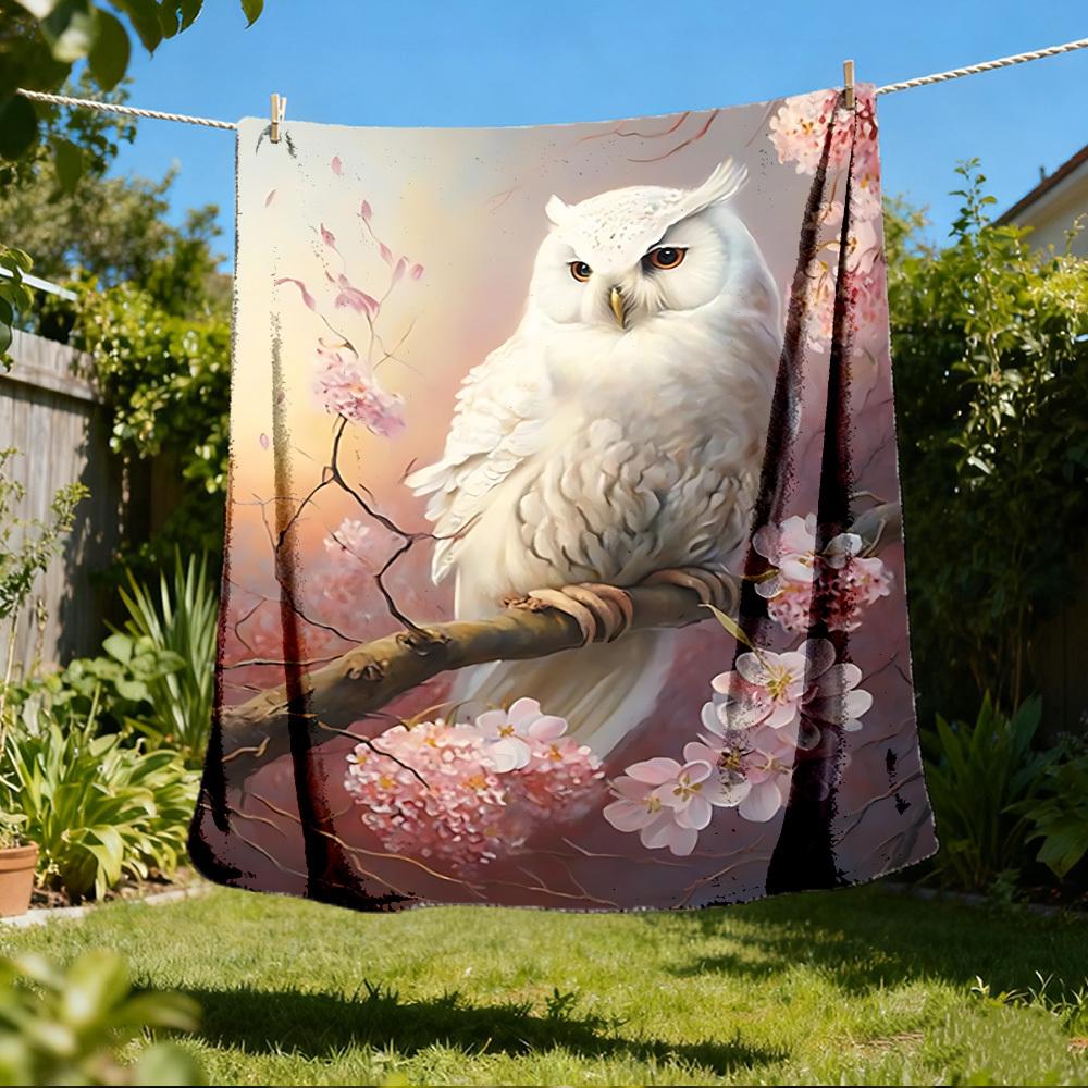 1pc Cherry Blossom Owl Outdoor Blanket - Lightweight Flannel Throw For Travel, Camping, Livingroom, Couch, Chair yy251114196