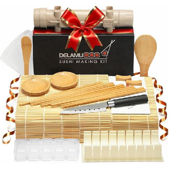 Delamu Sushi Making Kit, 20 in 1 Bazooka Roller Kit with Chef’s Knife, Bamboo Mats, Rice Mold, Temaki Sushi Mats, Rice Paddle, Spreader, 20in1 Sushi Kit