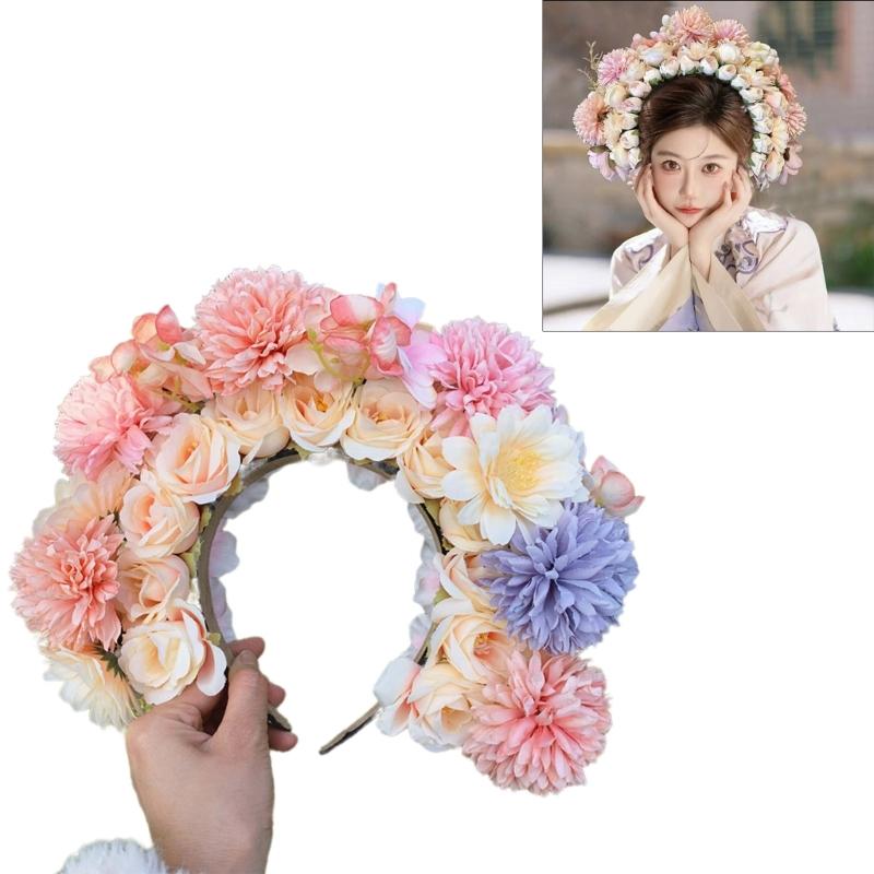 Ethnic Style Bridal Headband Hair Wreath Florals Crown Wedding Flower Headband Beach Hairband for Women Hair Accessory
