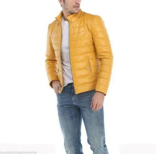 Yellow Men's Puffer Jacket Real Soft Lambskin Leather Stylish Motorcycle Biker Casual Fit
