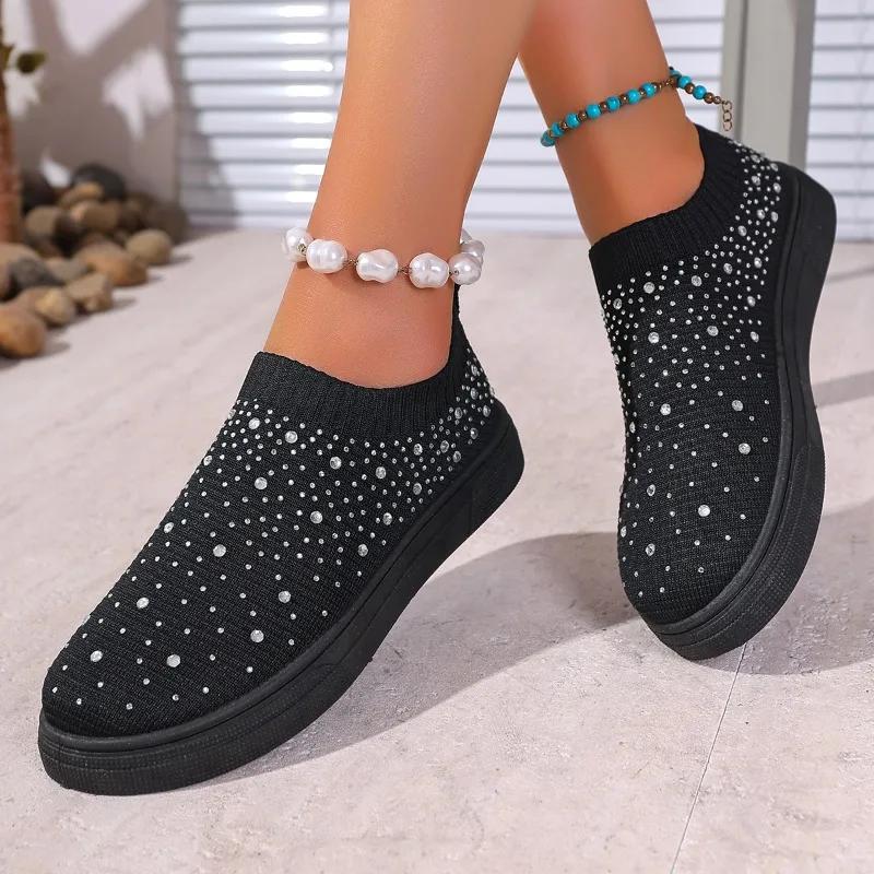 2025 Brand Ladies Shoes Slip-on Women's Vulcanize Shoes Crystal Casual Plus Size Grid Best Seller Breathable Sneakers