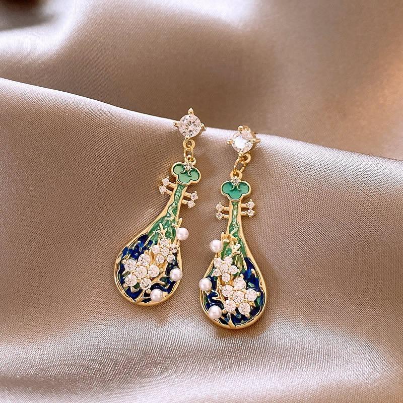 Monet garden oil painting style love flower pearl earrings fashion temperament stud earrings French sweet small fresh earrings