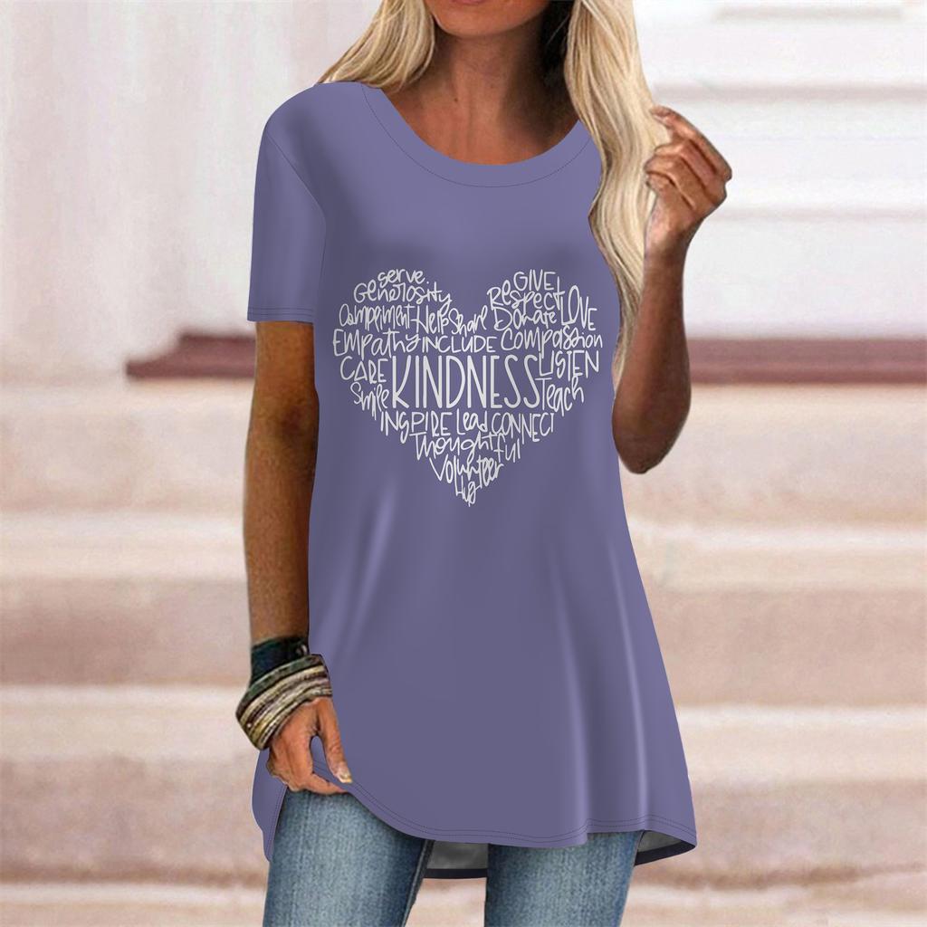 Plus Size Women Summer Purple Hollow Heart Printed Comfy Short Sleeve Round Collar T-shirt Casual Baggy Mid Length Tee Tops