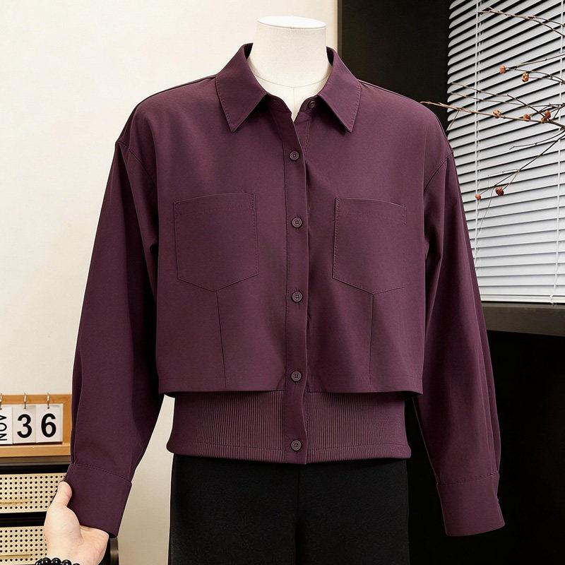

2026 Niche Design Polo Collar Faux Two-Piece Patchwork Long Sleeve Top - Versatile Women s Fashion XL (110-125 Jin)