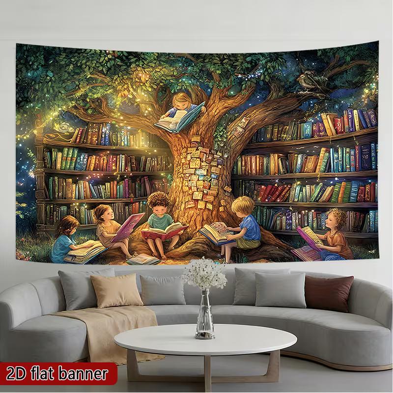2D Verzauberter Baum-Buch-Wandteppich, Kinder lesen mit leuchtendem Bücherregal-Baum-Hintergrund für Geburtstagsfeier