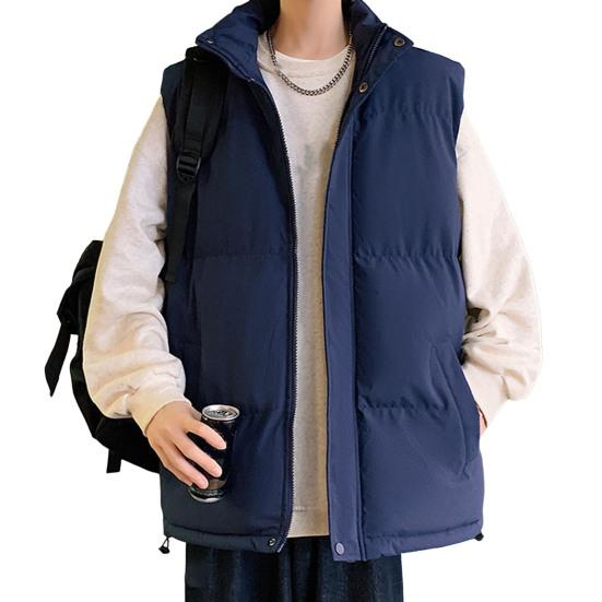 Men Cotton Waistcoat Stand Collar Sleeveless Pockets Quilted Vest Coat Solid Color
