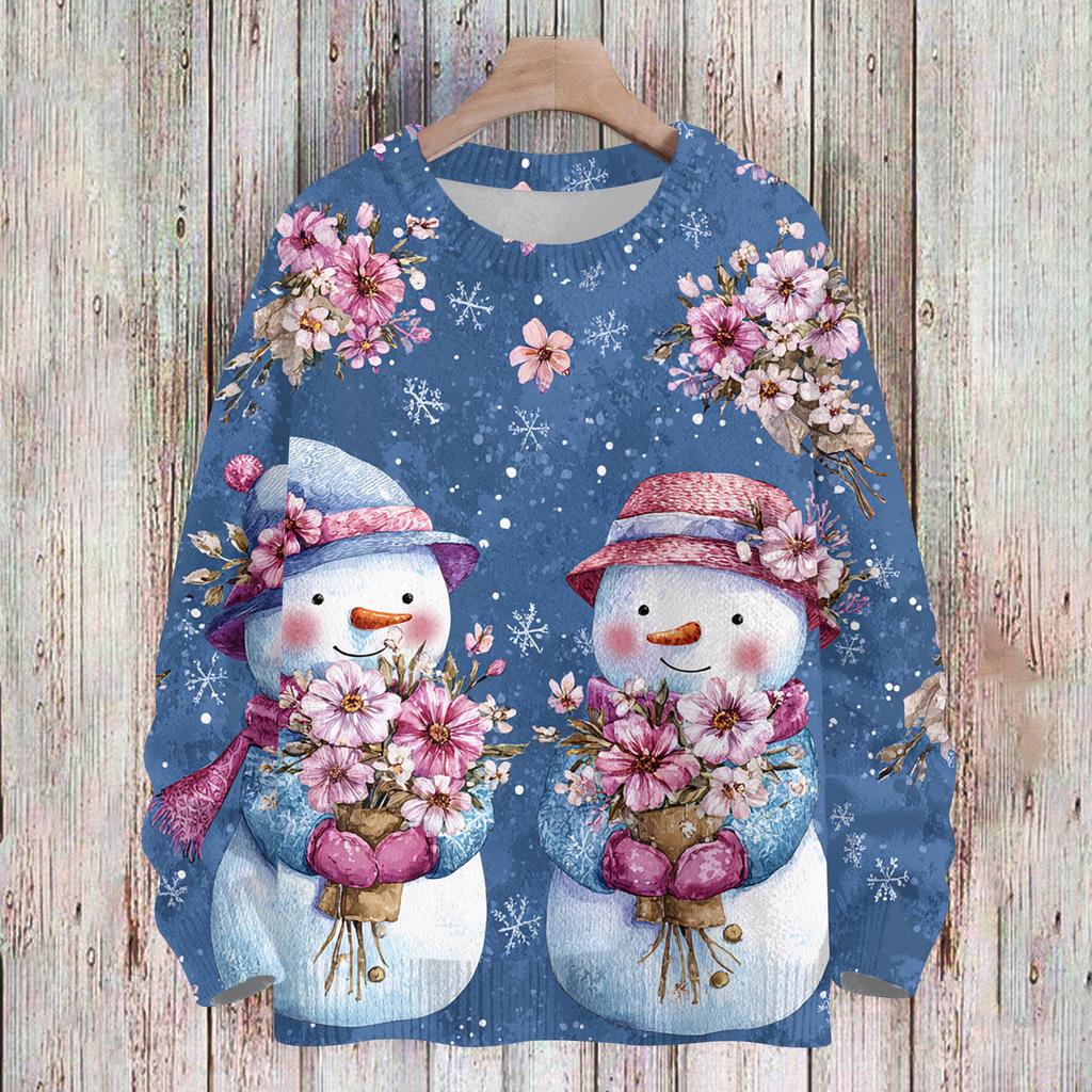Ladies' Fashionable And Casual Christmas Cute Printed Round Neck Long Sleeved Knitted Yarn