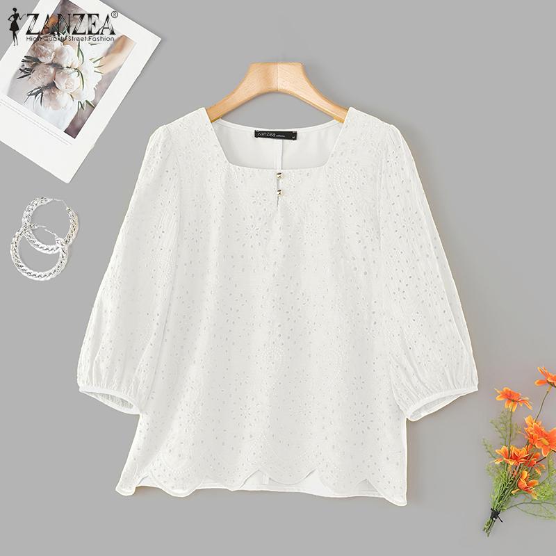 ZANZEA Women Casual Square Neck Loose 3/4 Sleeve Patchwork Crochet Blouse