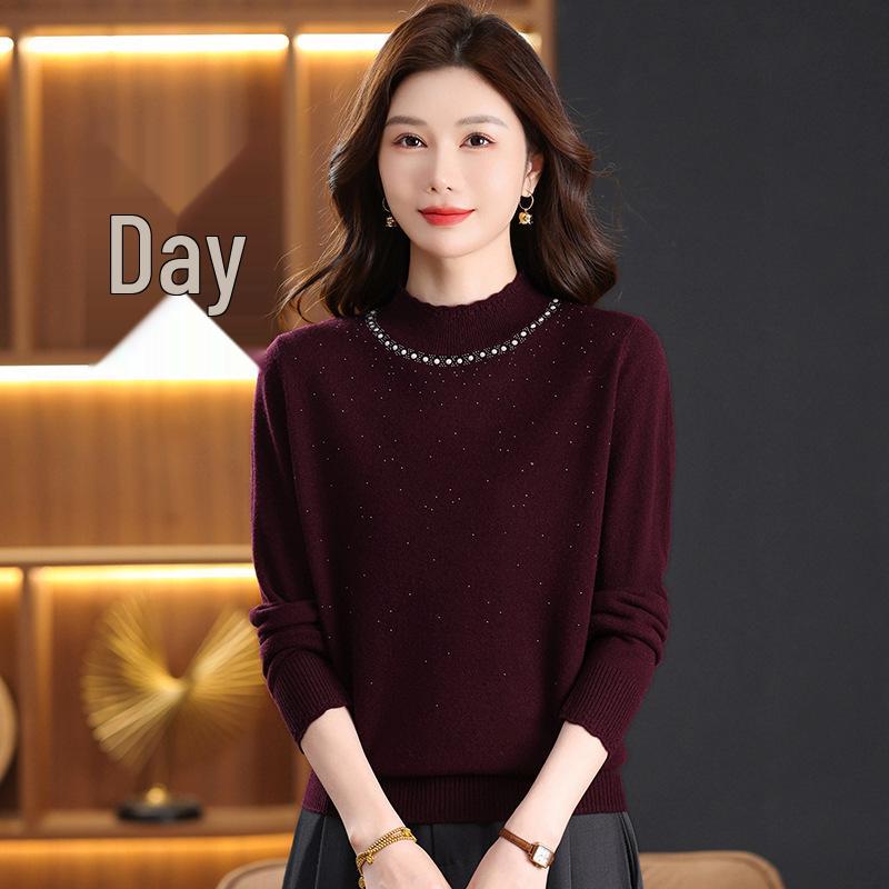 Women's 100% Wool Rhinestone Semi-High Neck Sweater – Fashionable Knitted Base Shirt for Autumn and Winter, Ideal for Middle-Aged and Elderly Mothers