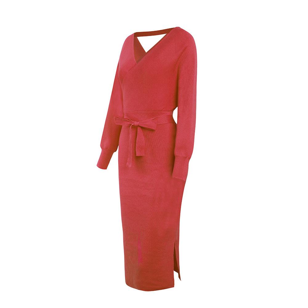 Autumn and Winter Women's Knitted Dress Solid Color Temperament Elegant Slim V-neck Sweater Dresses