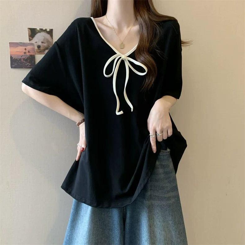 

YYFS женские модные повседневные летние весенние блузки и рубашки с короткими рукавами и v-образным вырезом XXXL чёрный