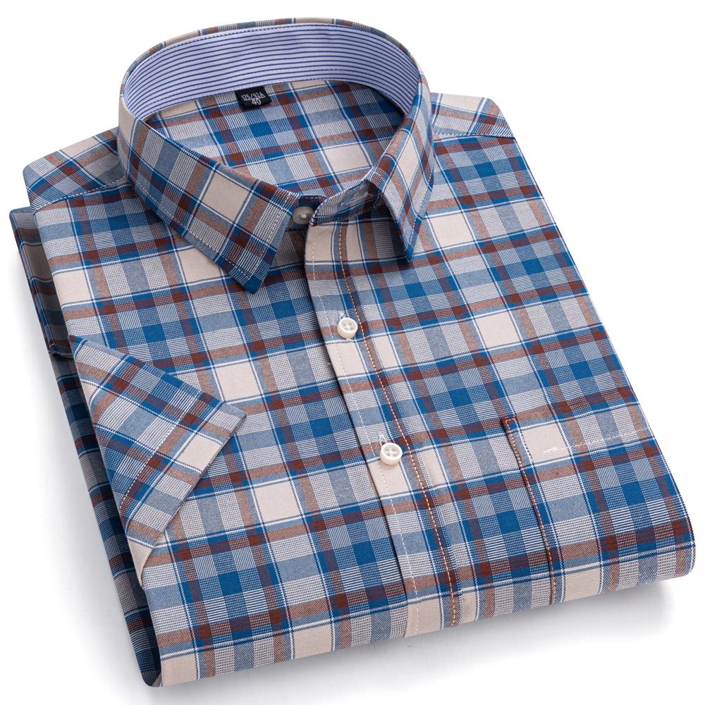 Pánská jarní letní košile s krátkým rukávem ze 100% bavlny Oxford s kapsou, kostkovaná, ležérní, lehká, prodyšná, odolná, ginghamové košile