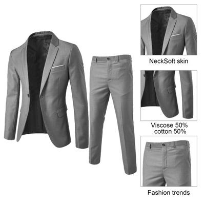 2 Adet/Takım Erkek Slim Fit Takım Elbise Yaka Uzun Kollu Tek Düğmeli Takım Elbise Ceket Orta Bel Uzun Pantolon Takımı Düz Renk İş Kıyafeti
