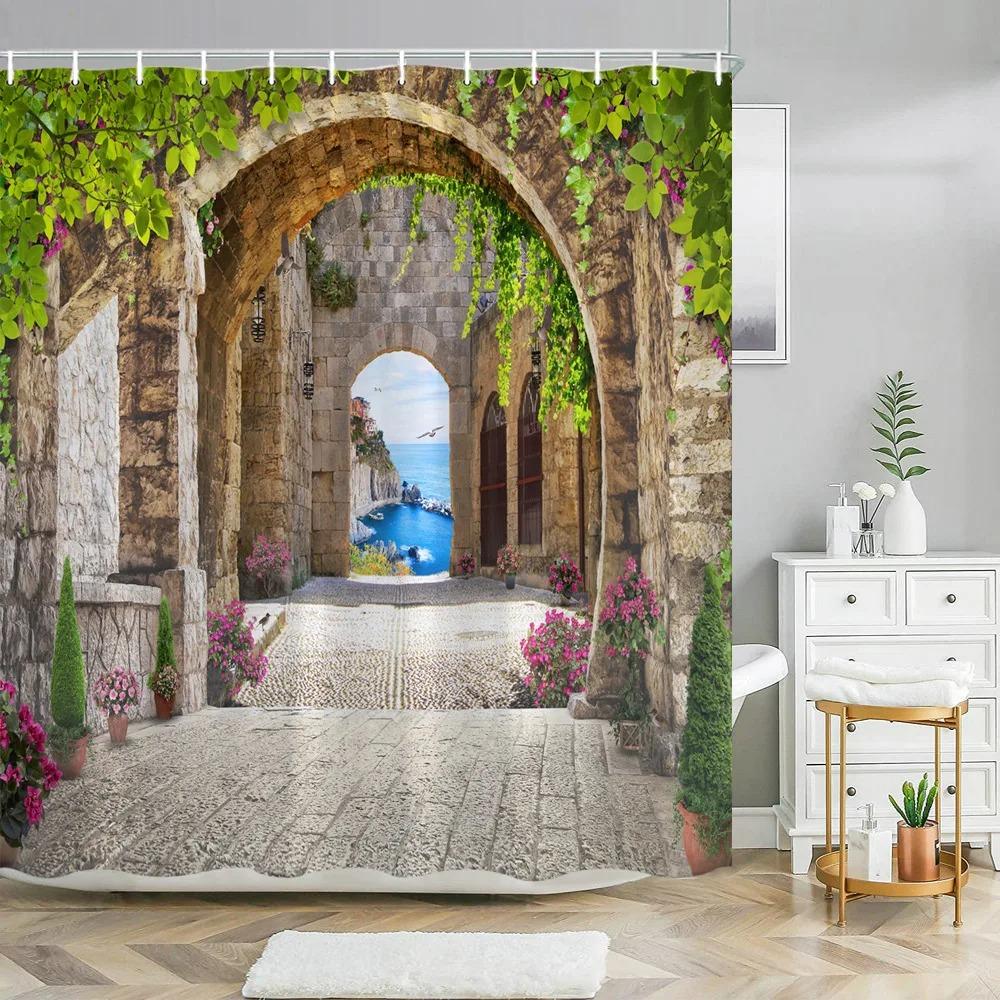 Street Building Scenery Shower Curtain Flower Plant Retro Old Door Summer Rural Landscape Bathroom Curtain Background Wall Decor