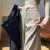 Women's Gray Wide-Leg High-Waisted Trousers - Korean Western Style, Loose Drape, Floor-Length for Spring & Autumn