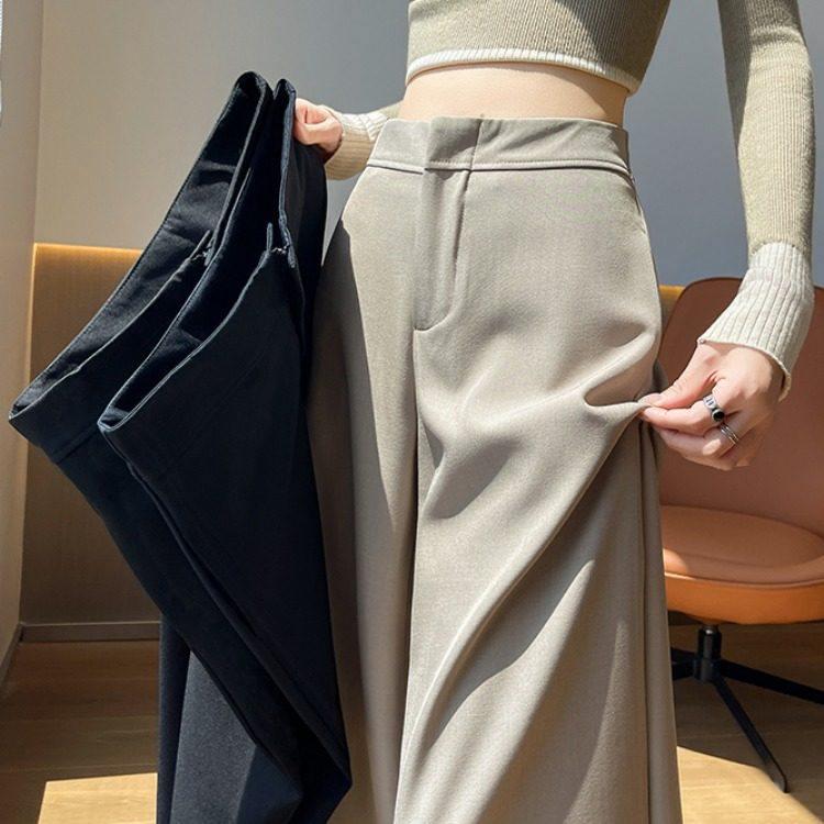 Women's Gray Wide-Leg High-Waisted Trousers - Korean Western Style, Loose Drape, Floor-Length for Spring & Autumn