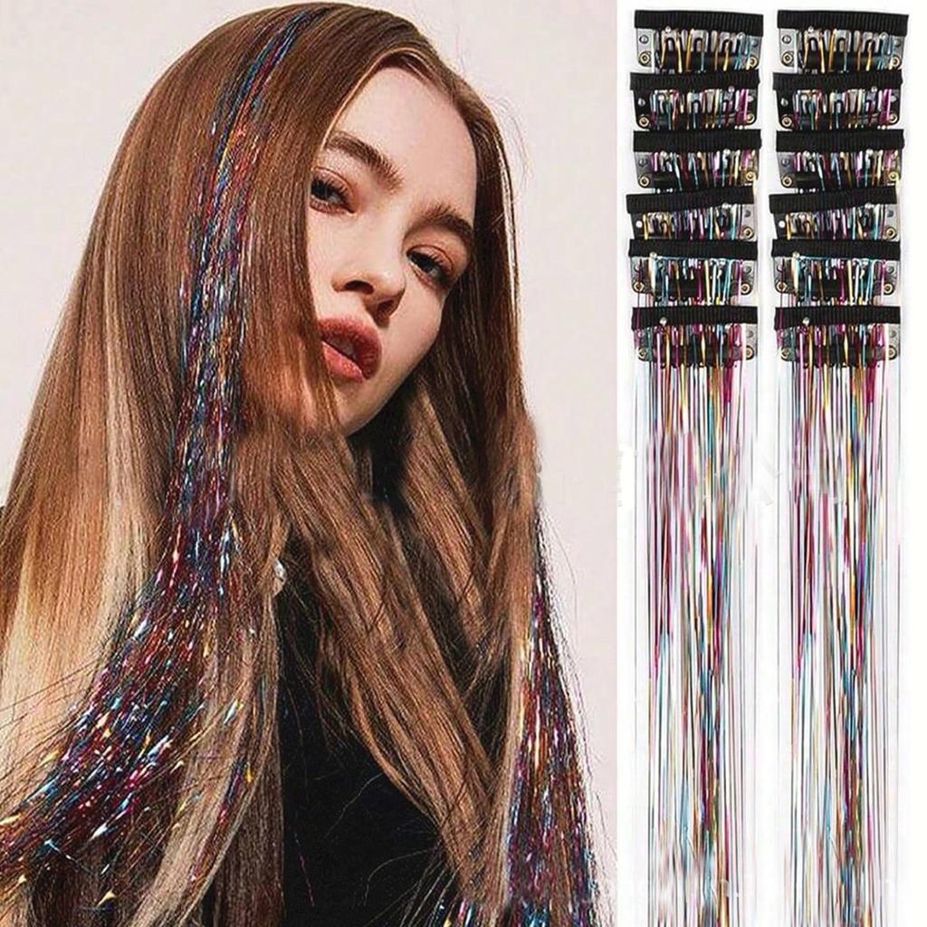 Synthetic Hair Clip One Piece Women Glitter Tinsel Hair Extensions Hair Tinsel Kit Heat Resistant Shiny Sparkle Wig