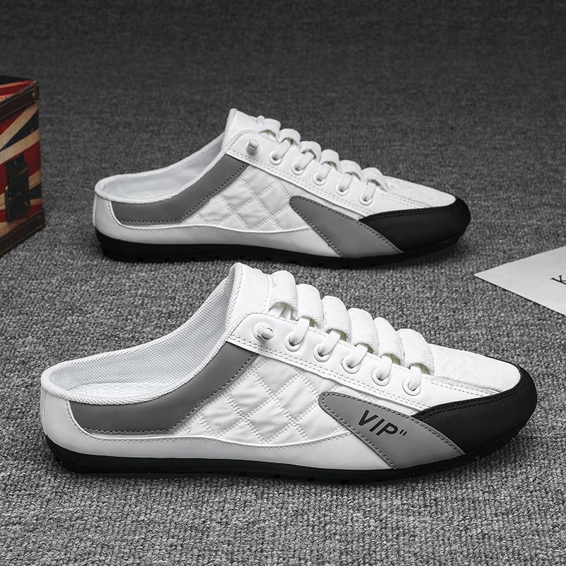 

Распродажа мужской обуви 2025 новые дышащие повседневные полутапочки с одной педалью для вождения нескользящие без каблука парусиновые ленивые туфли 39 белый