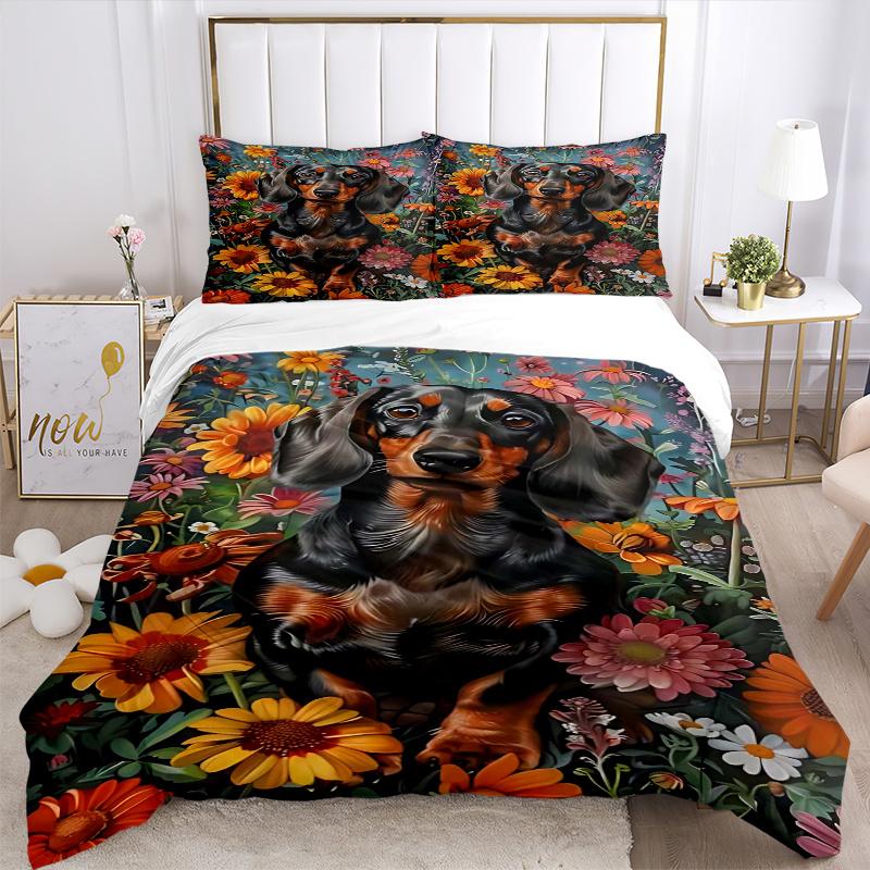 3pcs Dachshund Dog Floral Garden Bedding Set, Includes One Quilt Cover and Two Pillowcases (No Core), Anime Cartoon Design, Polyester Fabric