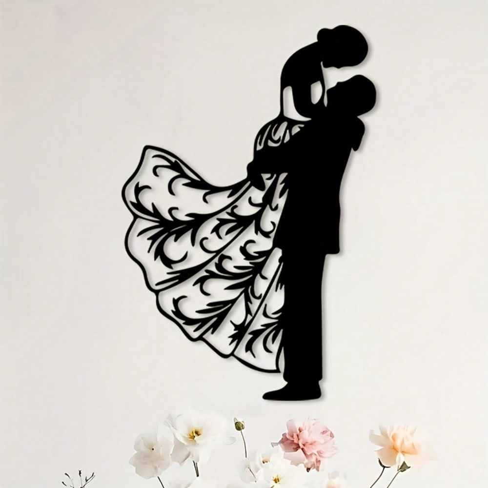 Romantic Wedding Couple Metal Wall Art, Rust-Resistant Iron Mural for Bedroom & Garden Gift