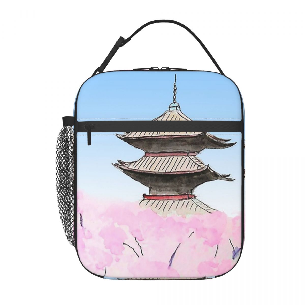 

Japanese Pagoda And Cherry Blossoms Insulated Lunch Bag for Women Children Portable Food Boxes Thermal Lunch Box Tote One Size