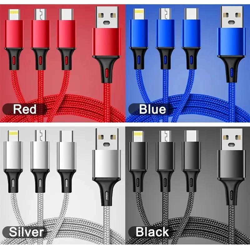 1-4Pcs 3 In 1 USB Charger Fast Charging Cable Type C Micro IOS Multi Charger Cable for iPhone Huawei Samsung Nylon Braided Cord