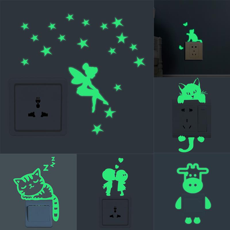 Cartoon Luminous Switch Sticker Glow In The Dark Wall Stickers Home Decor Kids Room Decoration Sticker Decal Cat Dog Home Decor