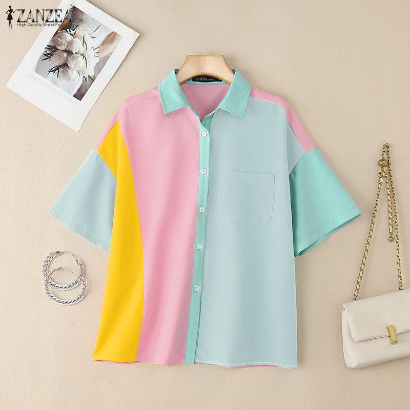 

ZANZEA Женская повседневная блузка с отложным воротником и коротким рукавом 5XL