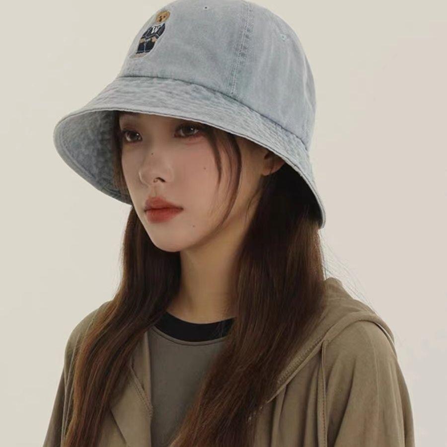 Vintage Washed Denim Bucket Hat Female Face Small Visor Cartoon Bear Embroidery Basin Hat Tide