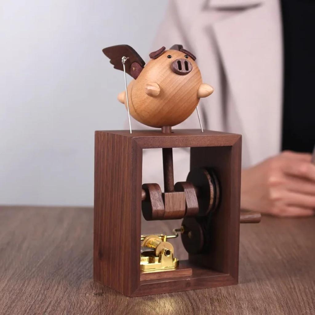 Wooden Flying Pig Music Box Ornament Hand-cranked Box Black Walnut Beech Toy Wood Home Decorative Hand Rocking Statue Ornament Creative Valentine's D