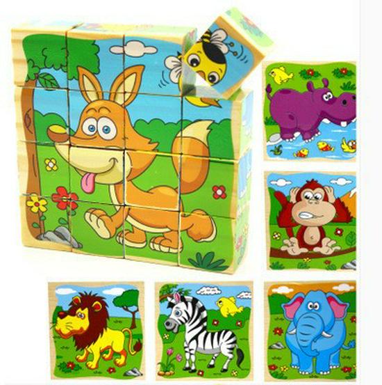 Children's 9-Piece Wooden 3D Puzzle Blocks - Six-Sided Painted Creative Toy for Kindergarten 