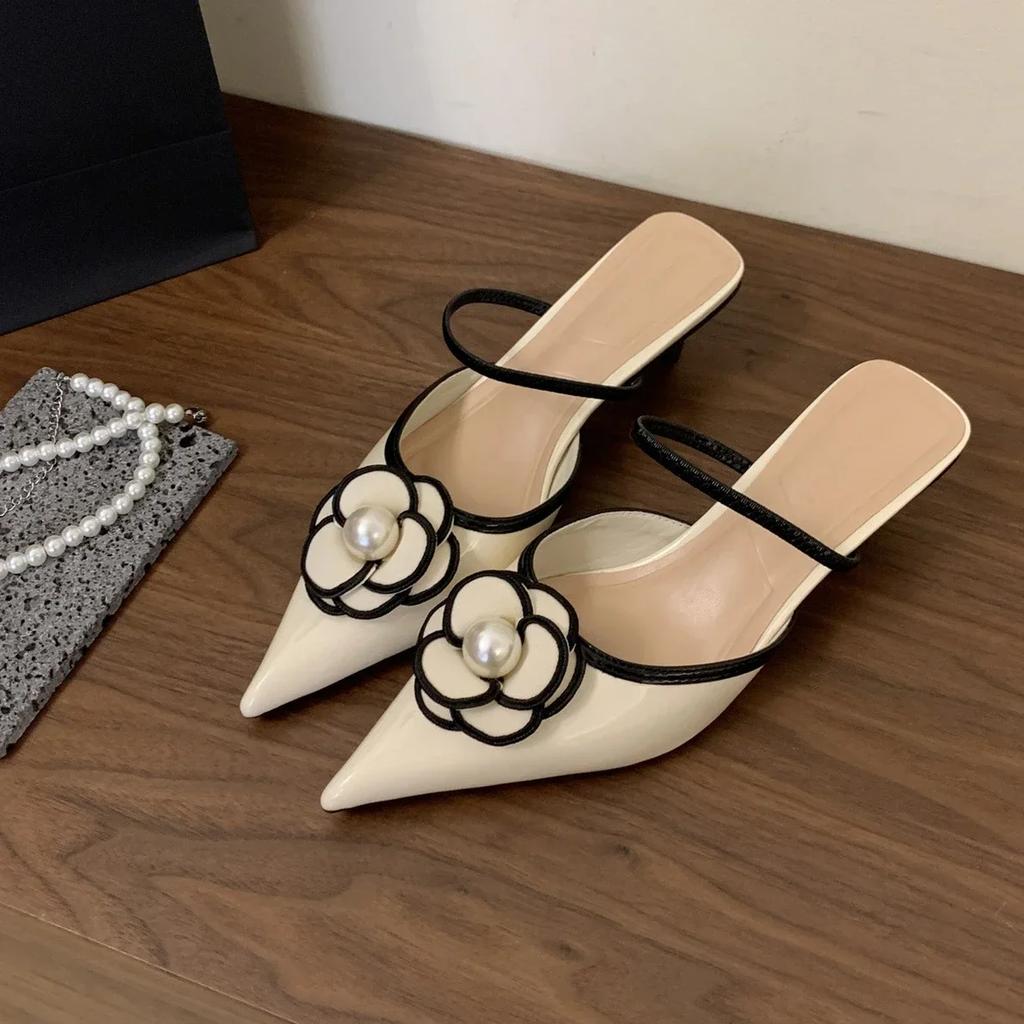 Fashion 2025 Flower Pointed Toe High Heels Women Luxury Designer Sandals Female Summer Elegant Fashion Pumps Flower Mule Slippers Women