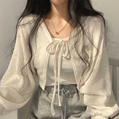 Thai Lantern Sleeve Thin Cardigan Shawl - Summer Sun Protection, Versatile Tie-Up Women's Air Conditioning Shirt