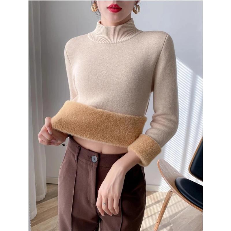 

Женский теплый тонкий свитер с полуворотом, корейский утолщенный плюшевый флисовый подклад, трикотажный пуловер, зимний повседневный трикотаж, мягкий, хлопковый One Size абрикосовый
