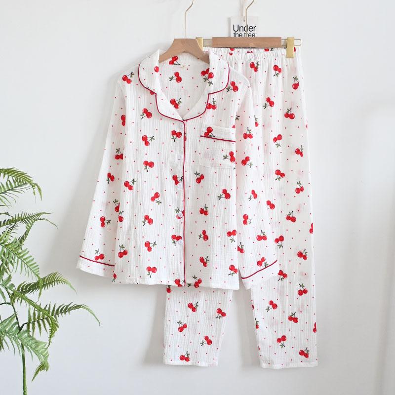 Herbst Damen Reiner Baumwollgaze Langarm Dünner Krepp Sommer Süß Locker Pyjama Loungewear Zweiteiliges Set