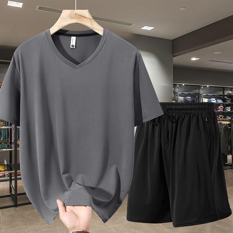 

Большой размер 6XL-13XL Оверсайз Летние комплекты из 2 предметов Мужская футболка Повседневные шорты Комплект Винтажная одежда 13XL(170kg-180kg) чёрный/серый