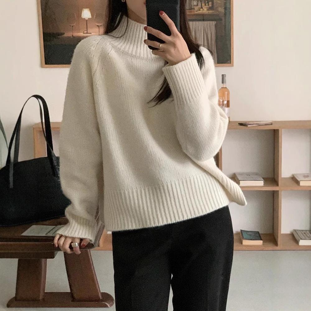 

New Autumn/Winter Women s Loose Slit Sweater - Solid Color, Half-High Neck, Korean Lazy Style. Extra Large