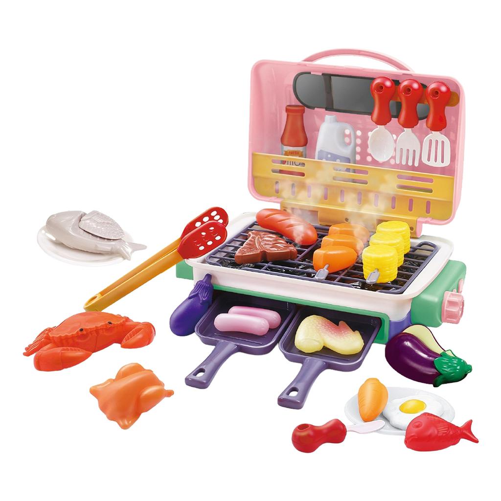 Electric Simulation BBQ Grill Toy With Spray Light Music Color Changing Food Pretend Play Kitchen Set For Kids Role Play