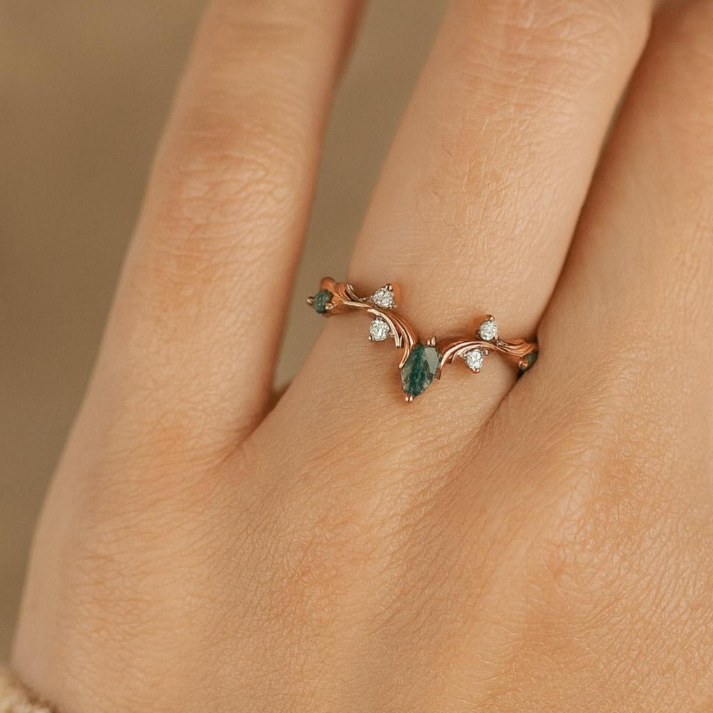 Marquise Moosachat Chevron Ring – CZ-Akzentuiertes Roségoldplattiertes 925 Sterlingsilberband – Einzigartiger grüner Edelstein Verlobungsring