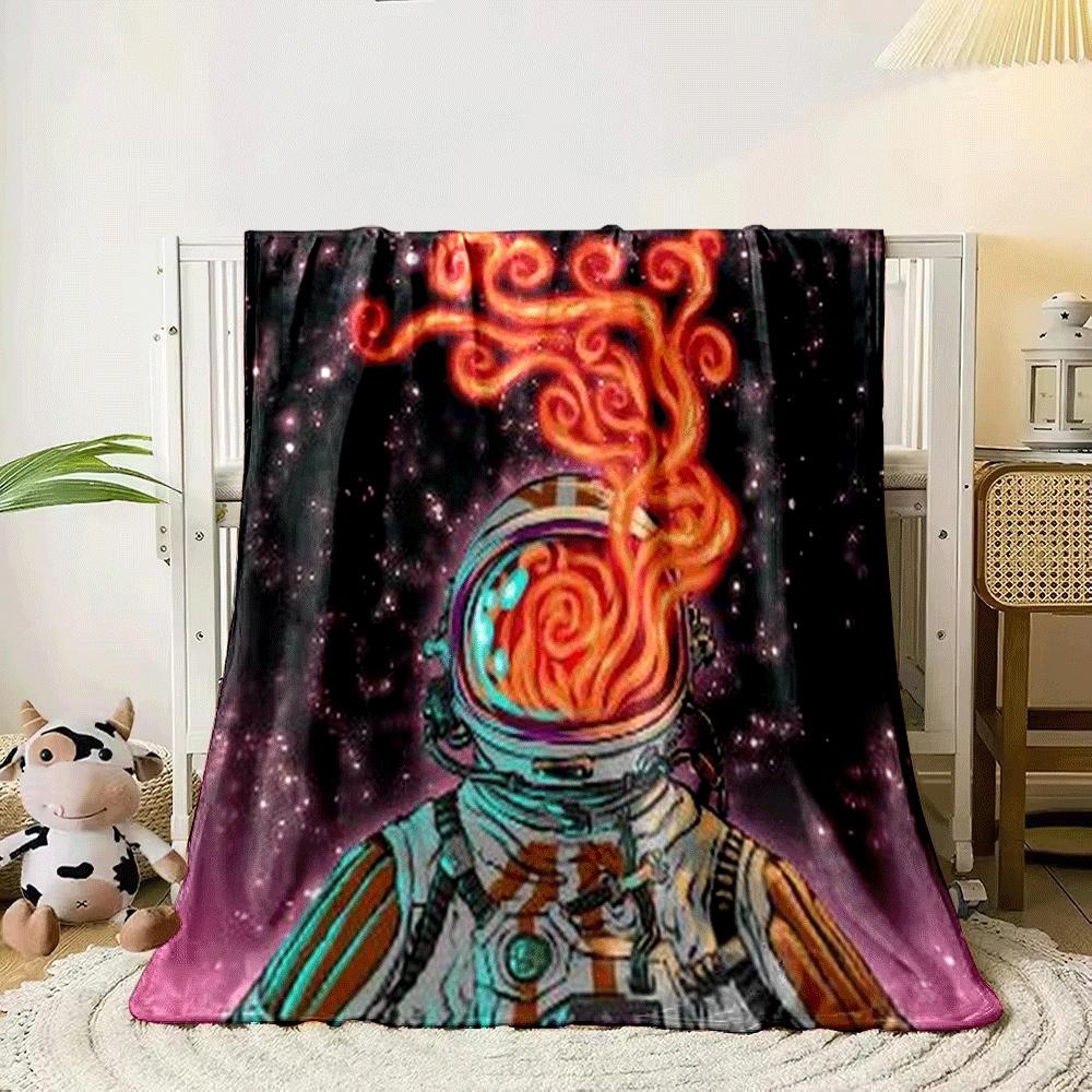 An Astronaut's Helmet Emits Swirling Fiery Patterns Against a Starry Backdrop. for All Seasons Blanket Lunch Break Throw Gift