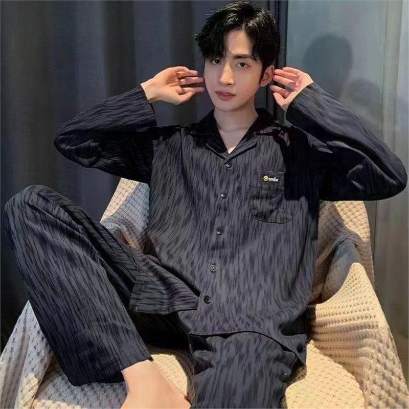 Men's 100% Cotton Long-Sleeve Pajama Set, Plus Size, Cardigan Style for Spring, Autumn, and Summer.