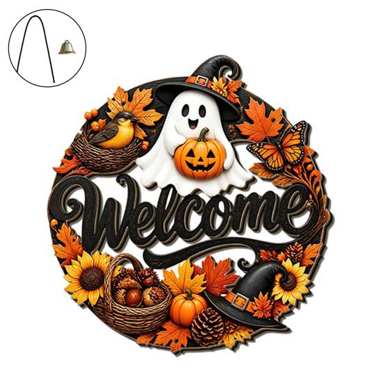 Durable Door Sign for Porch Halloween Pumpkin Ghost Wooden Welcome Hanger Sign, Cute Wall Ornament with Bell Front Hanging Rope, Decor Indoor Outdoor
