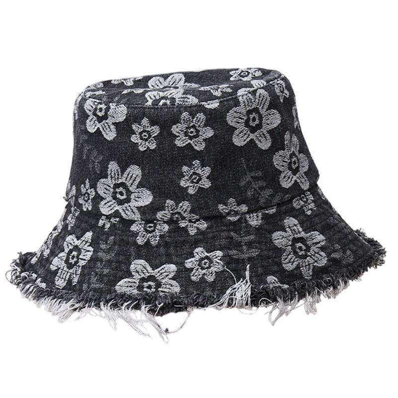 

Stylish Distressed Trim Flower Print Fisherman Hat Breathable Bucket Hat for Spring Autumn Daily Outfit Fashion Headwear чорний