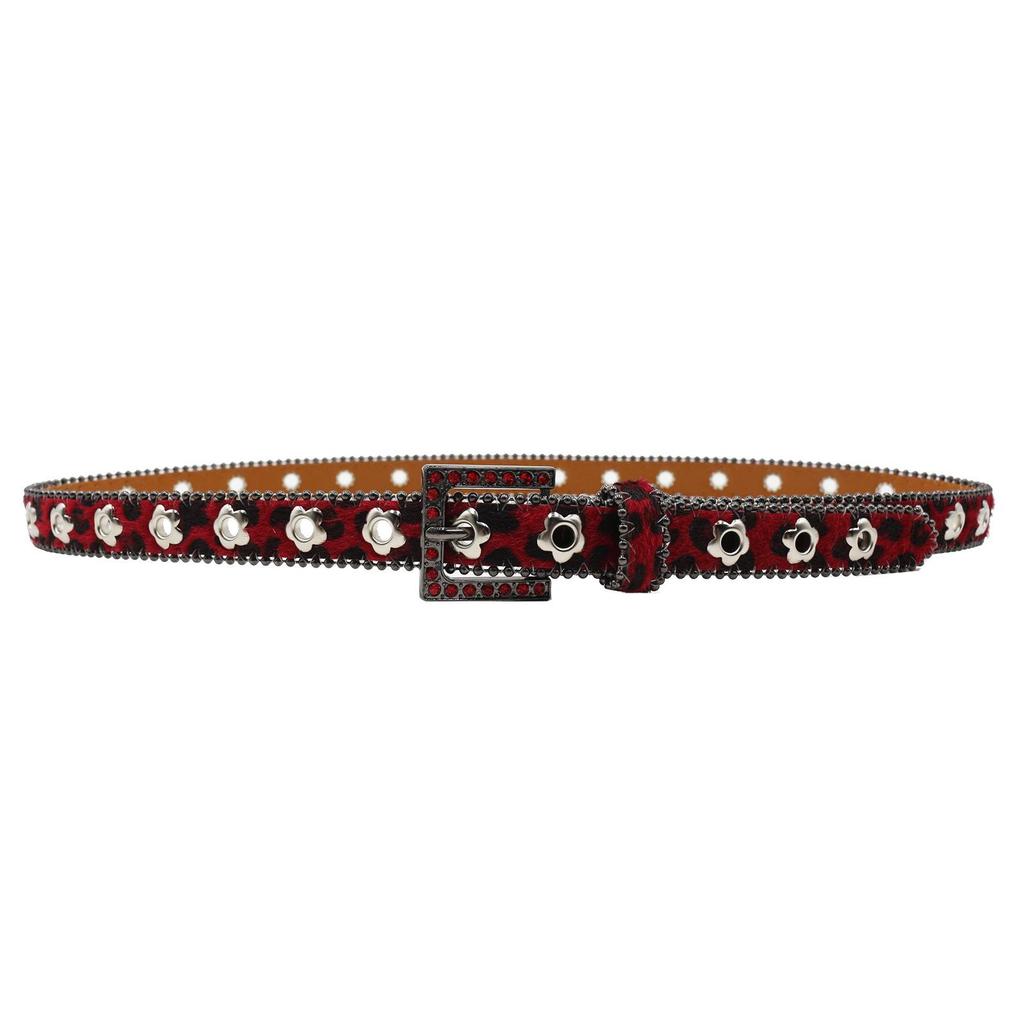 Luxury 2.3cm Leopard Print Leather Belt with Floral Eyelets & Rhinestones, No Punching Needed, Pin Buckle, Fully Diamond-Encrusted.