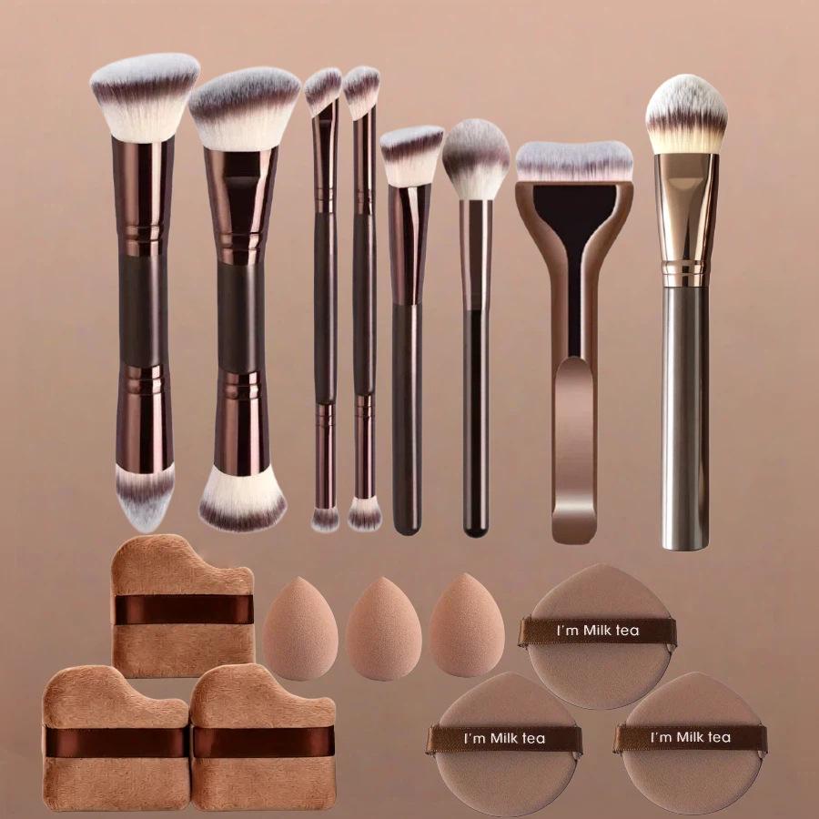 Dual-Head Makeup Brush Set: Foundation, Blush, Loose Powder Brushes In Coffee Color.