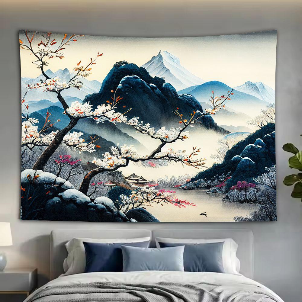 Zen Ink Wash Mountain Plum Blossom Wall Tapestry Chinese Landscape Polyester Tapestry Wall Hanging Home Decor 100X70CM