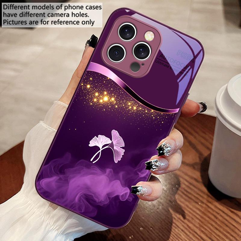 Lila Rauch Ginkgoblätter Für IPhone 16 Pro Max 15 Pro 14 13 12 Mini 11 XS M ax XR 7 8 Plu SE 2022 Gehärtetes Glas Handyhülle