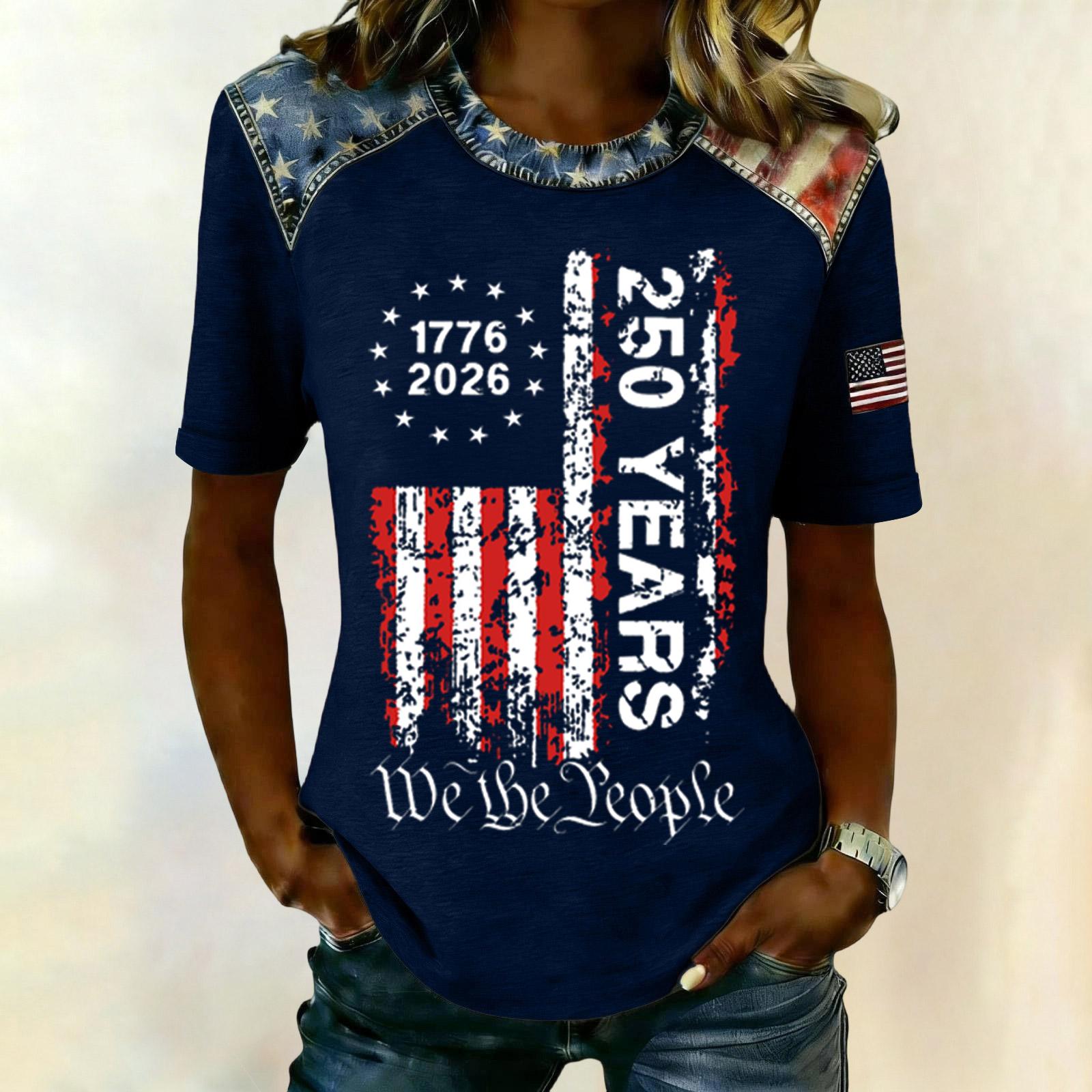

Women s Casual Short Sleeve T Shirt 250 Years Printed Graphic Tee 1776 2026 Patriotic Lettering Top Crew Neck Relaxed Fit S Темно-синій