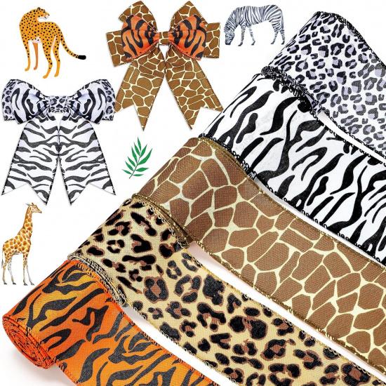 5 Rolls Jungle Animal Wired Ribbons 2.5 Inch Party Decorations Safari Animal Burlap Wrapping Ribbon for Crafts Leopard Zebra Cheetah Leaves Printed